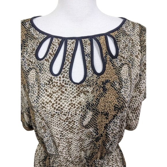Womens Medium Blouse Flutter Sleeve Smocked Waist Snake Print Brown Cutouts - Picture 3 of 10